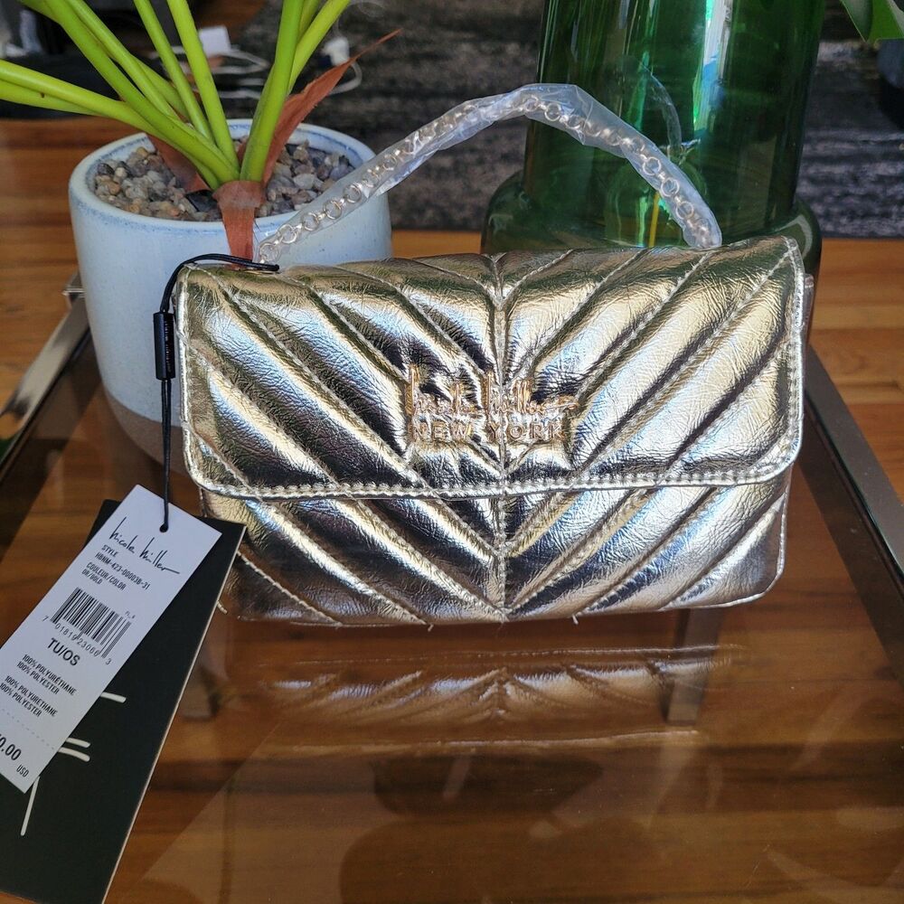 Nicole Miller Women's Quilted Faux Leather Crossbody Bag Gold Tone Hardware NWT